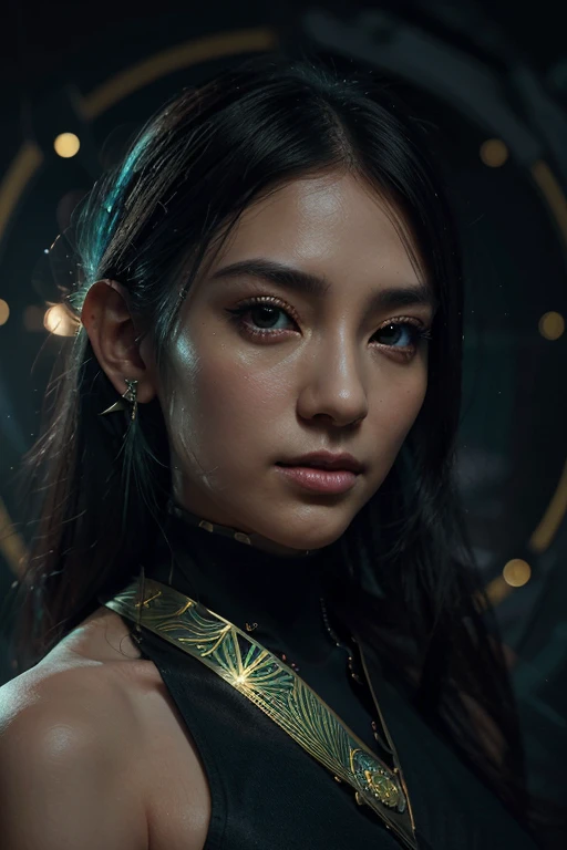 Emotional cyberpunk fantasy in WLOP-Style: Bioluminescent, Soft, Dreamy style with detailed characters featuring a smooth mixture of sharp jewelry in blue, black, and silver hues. Utilizes extremely thin brush strokes and light brush treatment. The characters exhibit delicate Asian features with mature elven proportions, such as a soft jawline. The artwork includes star and diamond motifs with a blurred, dark, [deep green and yellow background], creating a sense of peace and mystery. Sacred geometric figures drawn with thin [dark gold] on a [deep green and yellow background] background, in a kaleidoscope-like arrangement.