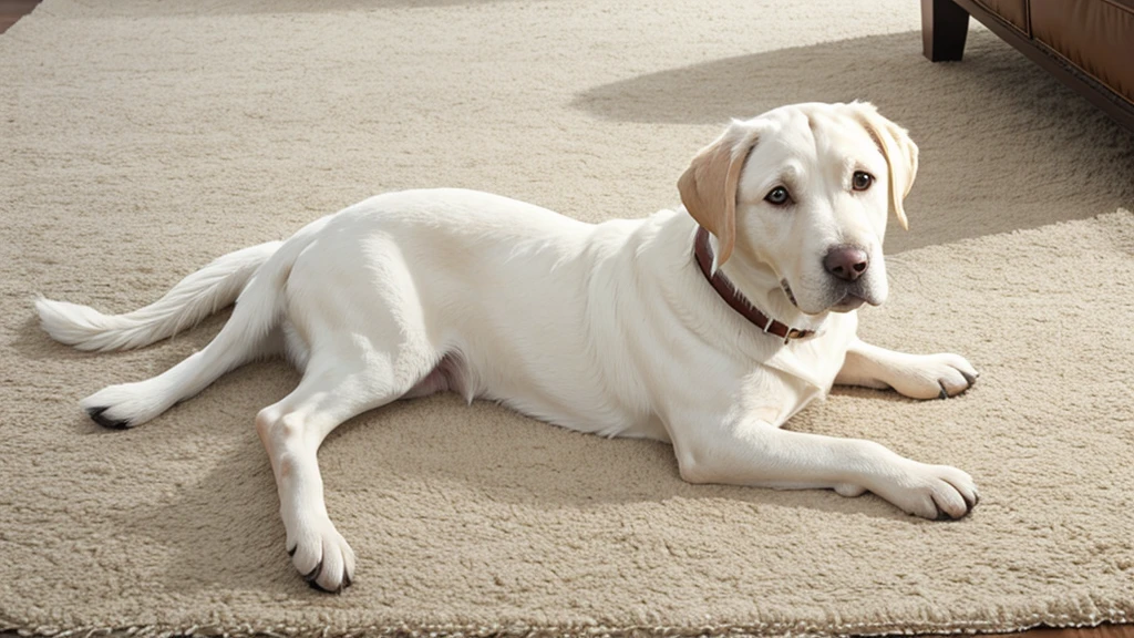 A white Labrador sits on a white rug