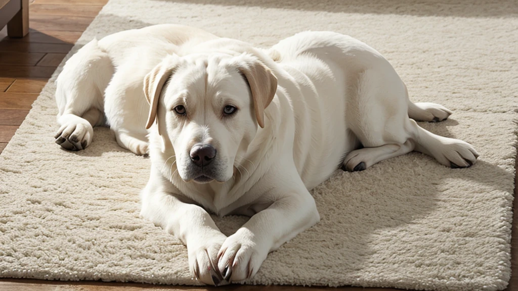 A white Labrador sits on a white rug
