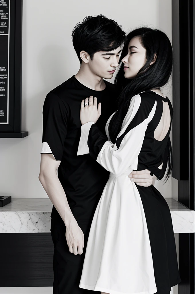 animated couple. wears black and white