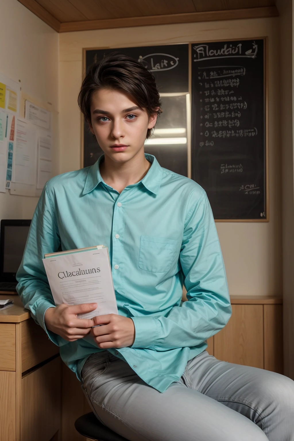 A young male twink, cute, beautiful, feminine, with a beautiful face with makeup, black hair, and his eyes have dark circles under them. He is wearing a long-sleeved aquamarine shirt and white jeans. He is in his office, sitting and reading a calculus book, and behind him is a blackboard with calculus written on it.  Radiant neon energy comes out of the board