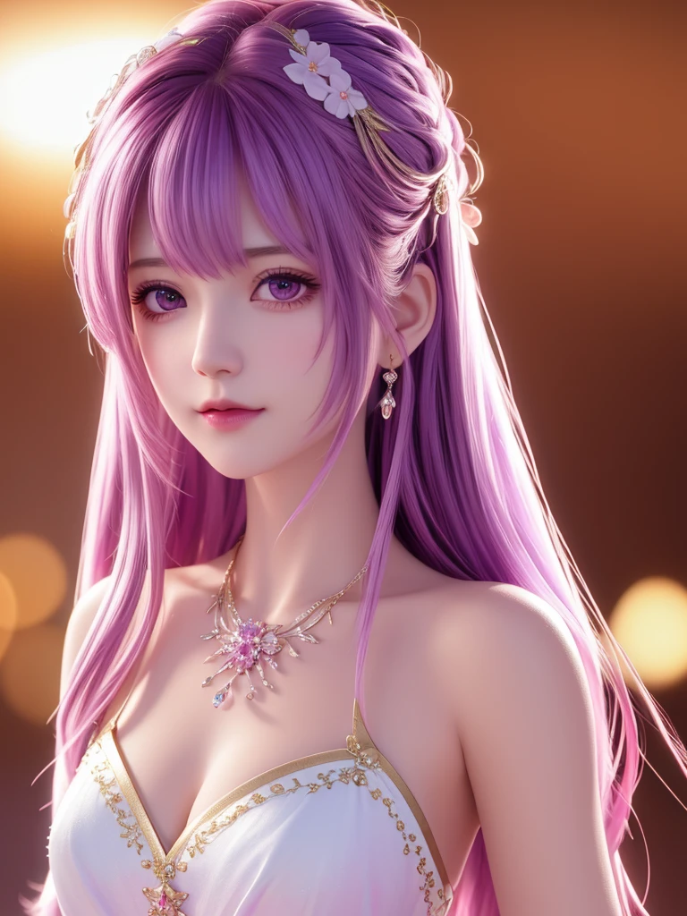 best quality, masterpiece, High target, 1 Girl, nude, Hair Decorationss, necklace, Decorations, Pretty Face, When the body, Tyndall effect, Realistic Portraits, Dark Studio, Edge lighting, Two-color light, (Very delicate skin:1.2), 8K uhd, Digital SLR Camera, Soft Light, high quality, Volumetric Lighting, Honest, photo, high resolution, 4K, 8K, Bokeh, Purple hair，pink hair tips, Pink Eyes.