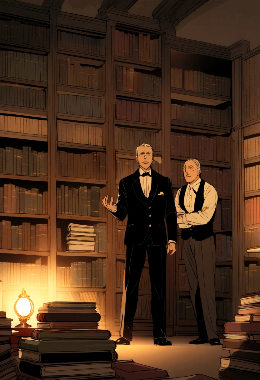 Two professional men chatting in front of a bookshelf full of books. Twentieth century
