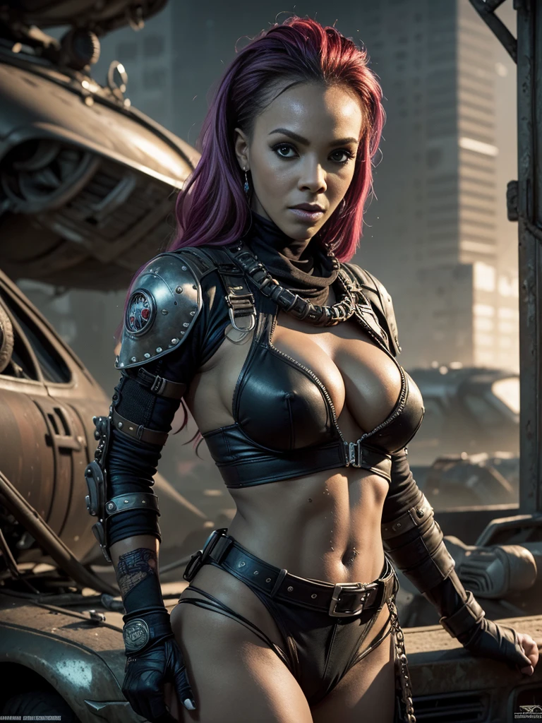 portrait 1 young woman ,science fiction, complex background  punk, mad max ,, futuristic, post-apocalyptic, dark, dim light, ((masterpiece, best quality, )),vivica.fox