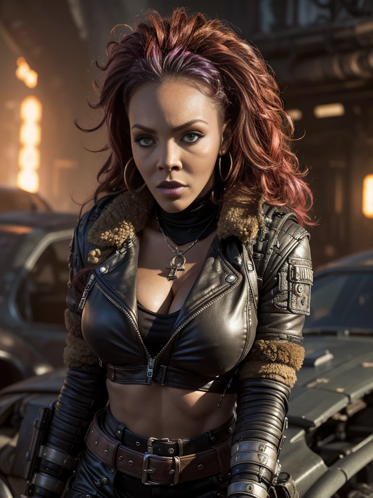 portrait 1 young woman ,science fiction, complex background punk, mad max , futuristic, post-apocalyptic, dark, dim light, ((masterpiece, best quality, )),vivica.fox