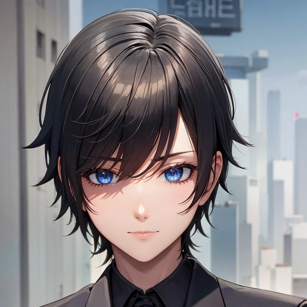 1boy, short black hair, blue eyes, wearing all black suits, on top of a building, high res, ultrasharp, 8k, masterpiece, looking at viewer from behind