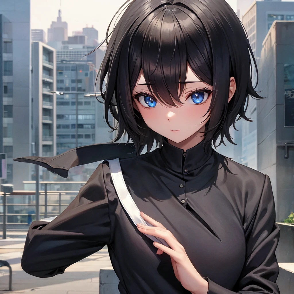 1boy, short black hair, blue eyes, wearing all black suits, on top of a building, high res, ultrasharp, 8k, masterpiece, looking at viewer from behind