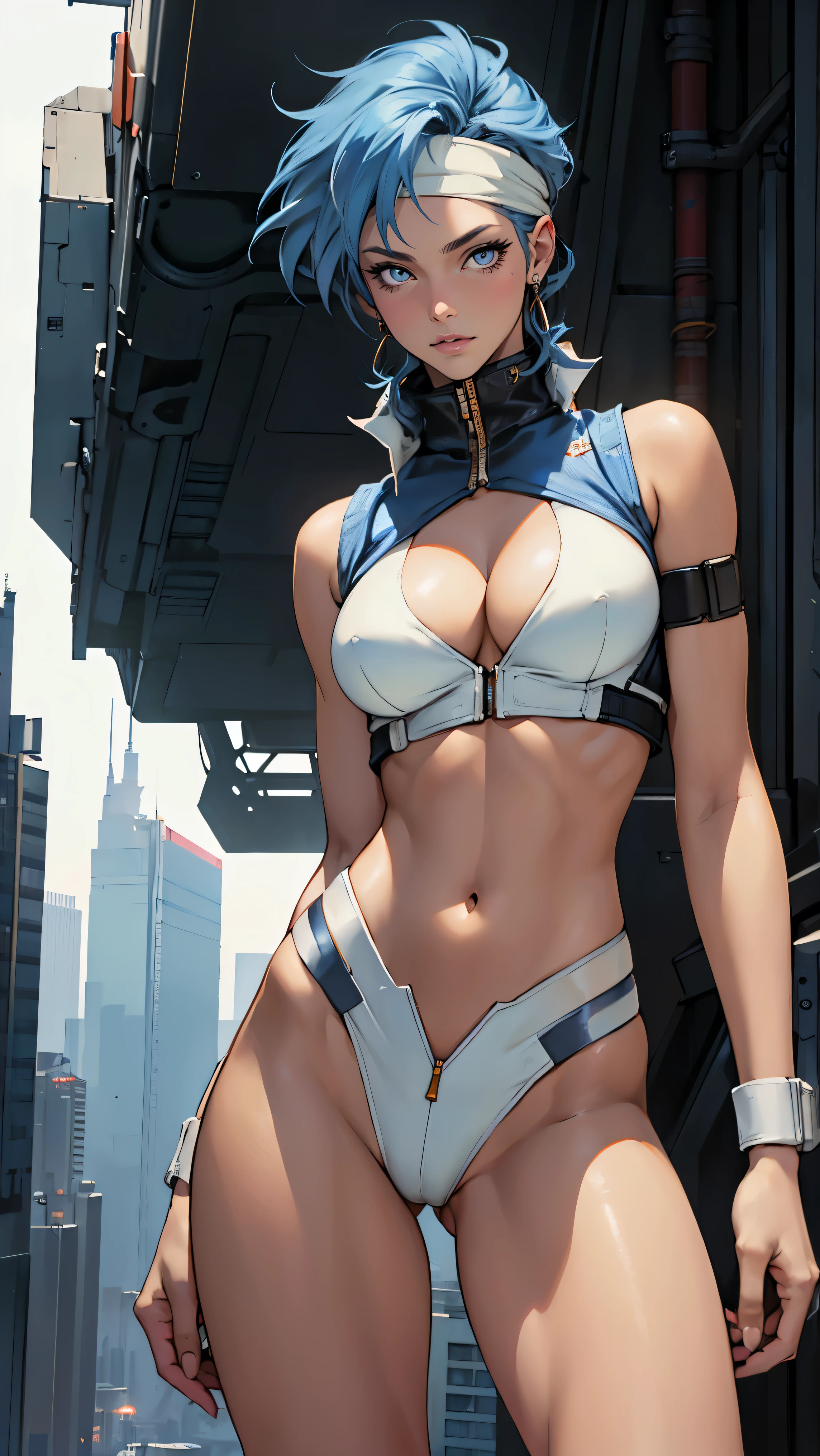 ((Masterpiece, highest quality; 1.3)), super quality, beautiful detail, super detailed, extra fine, 16K, exquisite, absurd, high resolution, beautiful background, detailed background, beautiful eyes, beautiful skin, anime style, Kay from Dirty Pair in a white outfit, tight outfit, cleavage, bushy redhead beauty, very light blue uniform, wearing tight clothes, skimpy, (mid chest: 1.2), cleavage, cleavage, slim waist , thin waist, slim thighs, thin legs, slim legs. thigh gap, showing stomach, skinny, thin hips, cyberpunk city background, holding retro space gun , headband, 