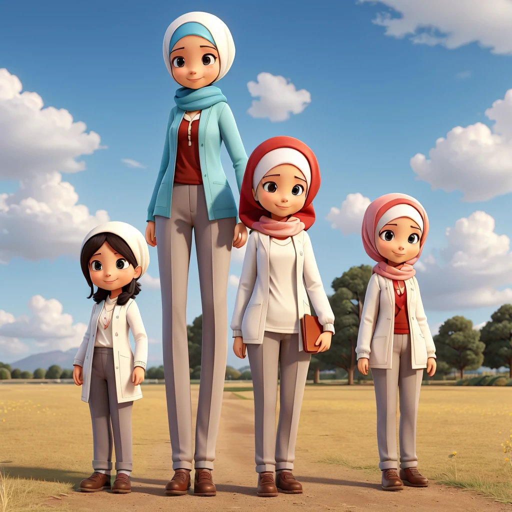 Two women wearing hijabs and white long-sleeved shirts, as well as trousers with different motifs. They are seen standing outdoors, perhaps in a park or field, with a bright, cloudy sky in the background. Each of them is holding a book, indicating that they are probably in the context of a learning or educational activity. The three women smiled cheerfully, reflecting a happy and enthusiastic mood.