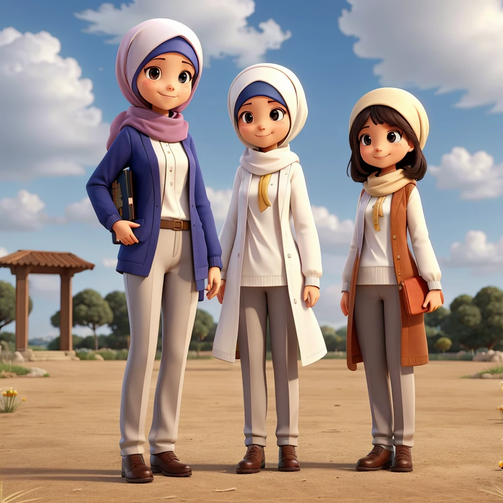 Two women wearing hijabs and white long-sleeved shirts, as well as trousers with different motifs. They are seen standing outdoors, perhaps in a park or field, with a bright, cloudy sky in the background. Each of them is holding a book, indicating that they are probably in the context of a learning or educational activity. The three women smiled cheerfully, reflecting a happy and enthusiastic mood.