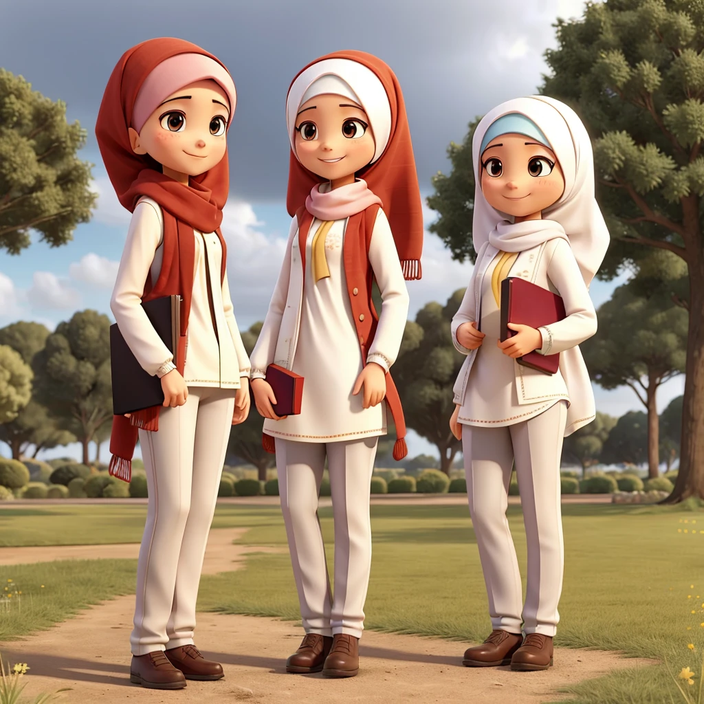 Two women wearing hijabs and white long-sleeved shirts, as well as trousers with different motifs. They are seen standing outdoors, perhaps in a park or field, with a bright, cloudy sky in the background. Each of them is holding a book, indicating that they are probably in the context of a learning or educational activity. The three women smiled cheerfully, reflecting a happy and enthusiastic mood.