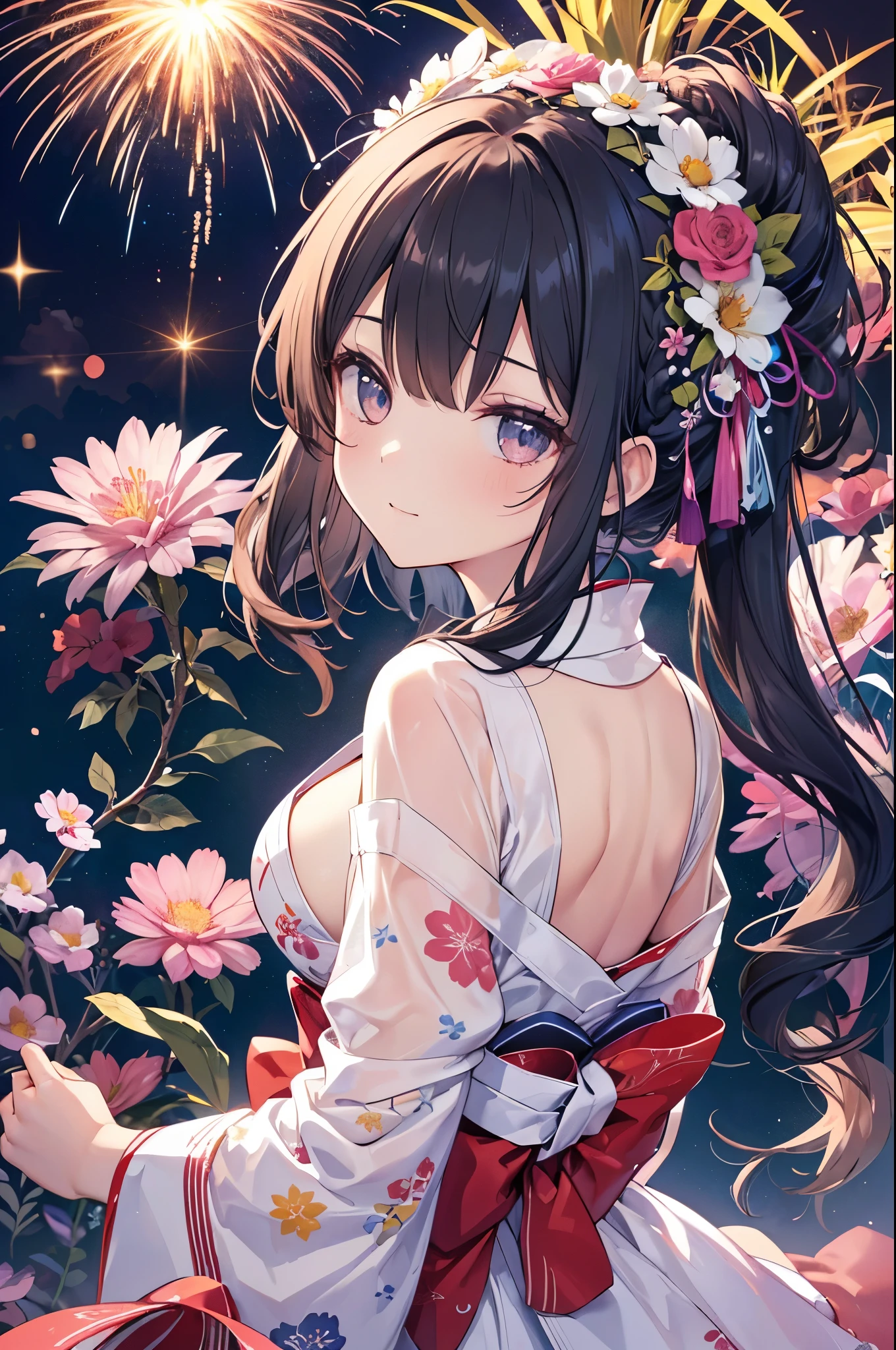 (Beautiful mature adult woman),(Flower Hair Ornaments,Floral braided top knot,Twisted Side Part Ponytail,Floral knit headband,Half Up、Floral braided space buns,Voluminous fishtail braid,Twisted pan,),(The bangs are see-through),Very delicate and beautiful hair,(((Accentuate your breasts:1.3))),(Dynamic Angle),(Dynamic and sexy pose),Laughter、Looking back wearing a floral yukata isolated on white background、night、Fireworks burst into flames with the riverbank as a backdrop、Cute round face,,(Tabletop,Highest quality,Ultra-high resolution output images,) ,(8K quality,),(SeaArt 2 Mode.1),(Picture Mode Ultra HD,)