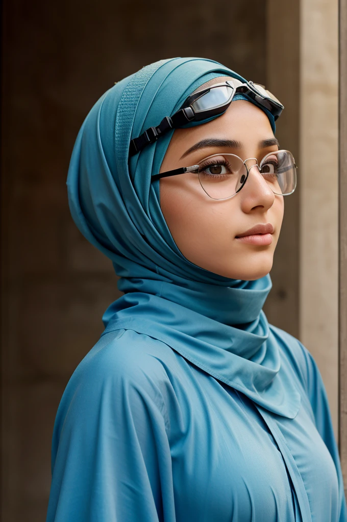 A side profile of a girl wearing a hijab and goggles. The hijab is neatly wrapped, covering her hair completely, and falls gracefully over her shoulders. The goggles rest securely over her eyes, adding a touch of modernity to her traditional attire. The background is simple, focusing attention on her serene expression and the interplay of shadows and light on her face and hijab