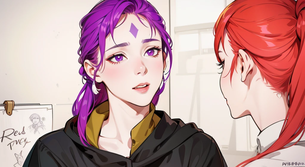 pretty 17-year-old girl with violet hair, violet eyes, she is speaking with pride, pride and pride. In front of her there is a girl with red hair.