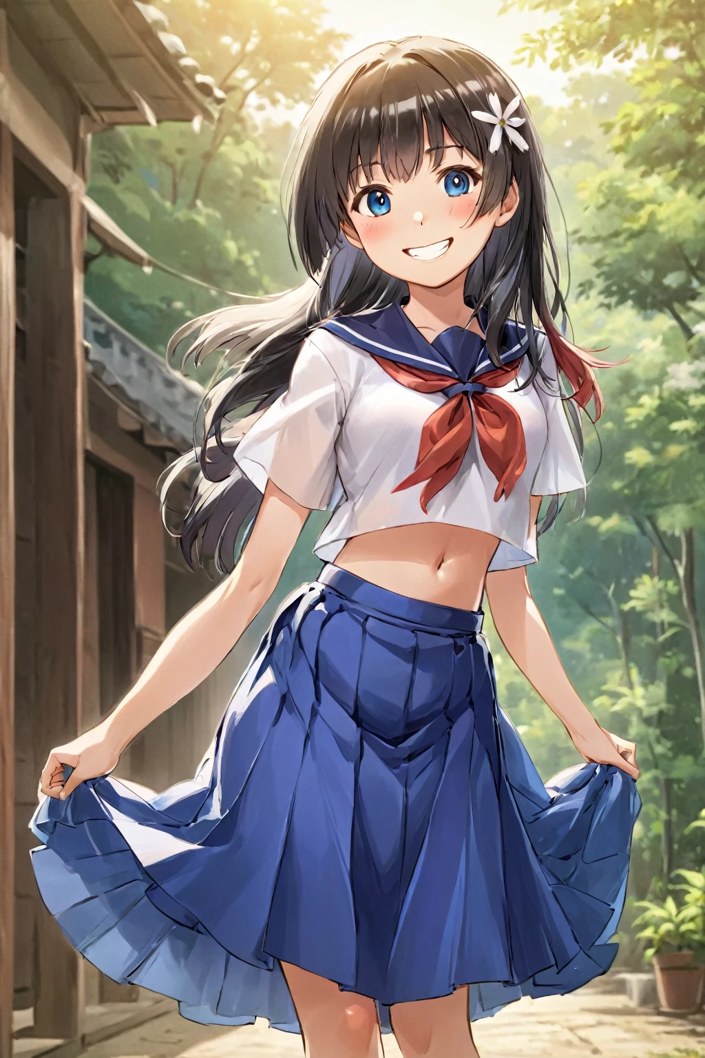 Saten Ruiko,White seraphuku and blue skirt,Cowboy Shot,smile,outside,summer,