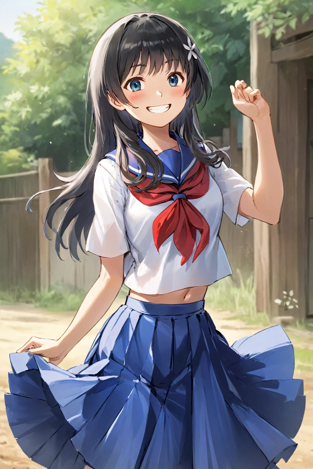 Saten Ruiko,White seraphuku and blue skirt,Cowboy Shot,smile,outside,summer,