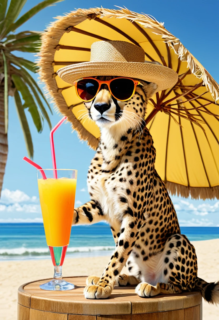 Anthropomorphic cheetah, sunglasses, straw hat, tropical juice, seaside deck, parasol, palm trees, sandy beach,