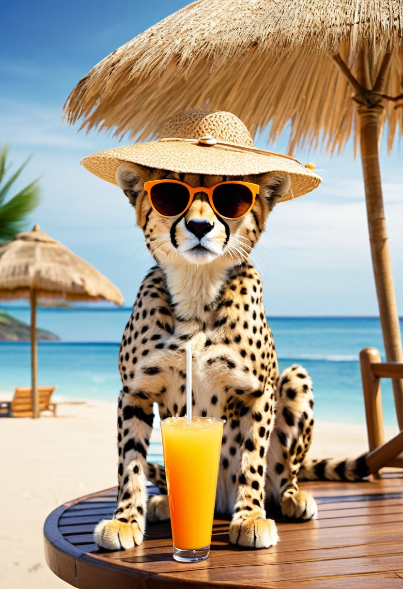 Anthropomorphic cheetah, sunglasses, straw hat, tropical juice, seaside deck, parasol, palm trees, sandy beach,