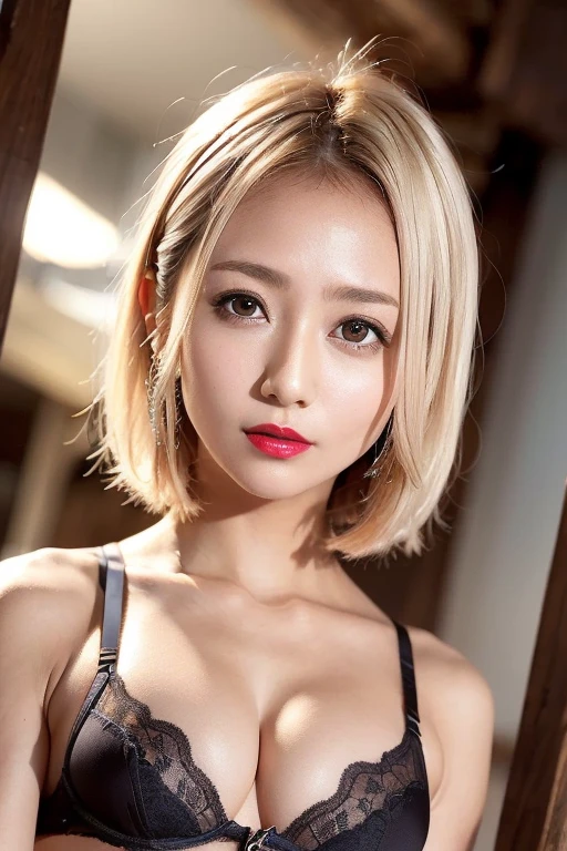 Beautiful Japanese Women、1 person,Very cute and slim、Excellent style 、((8K images、super high quality))、Very delicate face, Skin and Hair、Red lipstick、Long Hair、straggling hair,(((((short hair、blonde))))),Very cute Japanese cut face、Eyes and nose are clearly visible、Kind eyes,(((、Simple Background、Looking at the audience)))