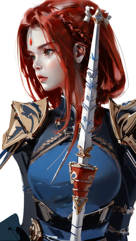 by Wlop, (Masterpiece), (Highest quality:1.3), (Highest Detailed:1.4), A red-haired woman in a forest scene, wearing leather armor and a blue skirt, draws back a bow and arrow, aiming at an off-screen target. She has a determined expression on her face, and the scene suggests a battle is taking place.,(simple background, white background:1.3),multiple views, 8K RAW