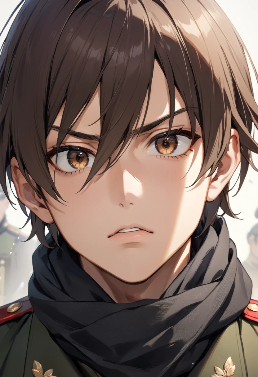 ung man、Kakoi、Black scarf around the neck、Brown hair with long bangs、Brown eyes、Green military uniform、Serious expression、Mouth open