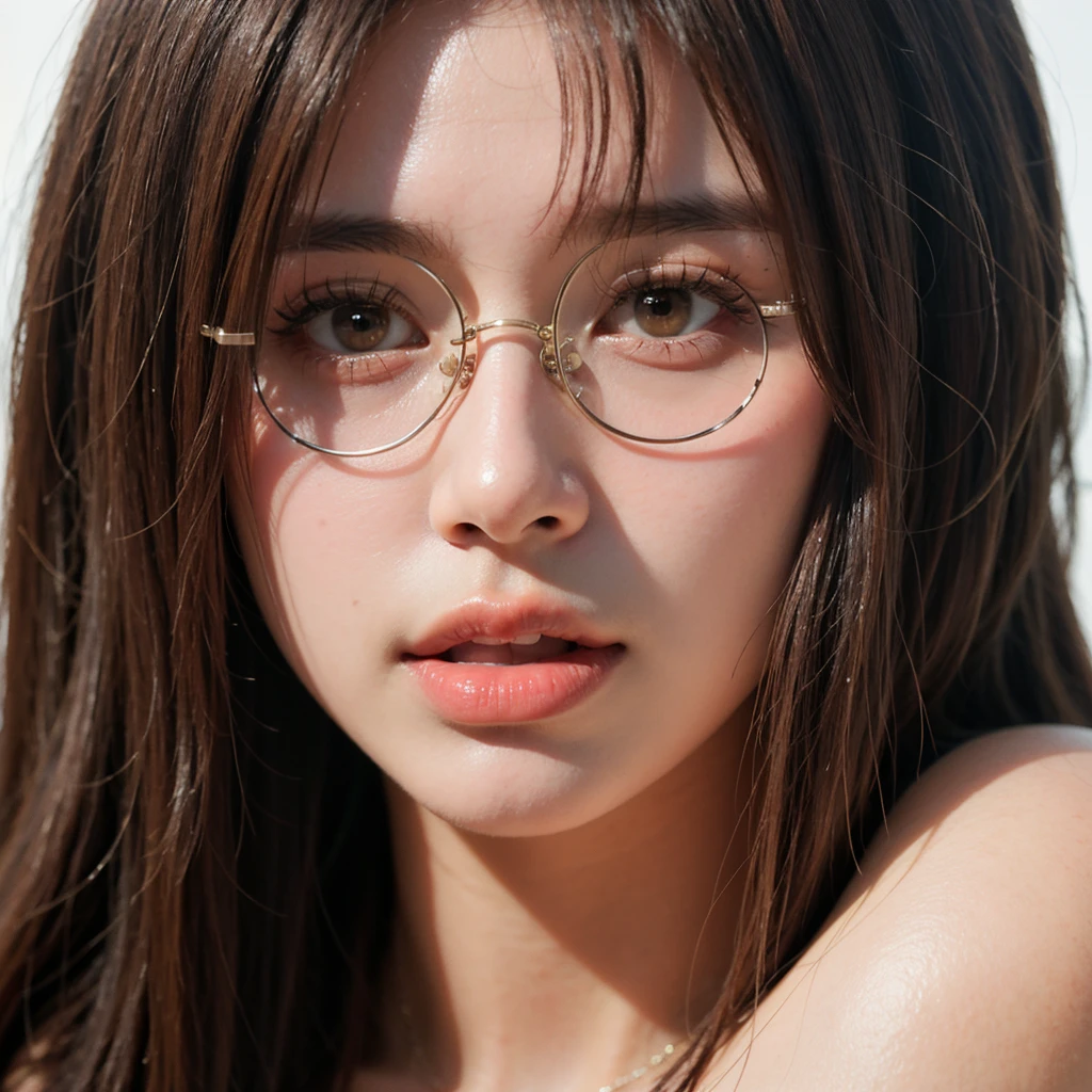 (8k, RAW photo, highest quality), highest quality, absurdres, extremely detailed, sharp focus, professional lighting, 8k wallpaper, A photo of a beautiful cute korean girl, big lips, bimbolips, (huge lips:1.1), enormous lips, dimples, cheekbones large round-rimmed glasses, big circle glasses extremely high-resolution details, photographic, realism pushed to extreme, fine texture, 4k, ultra-detailed, high quality, high contrast