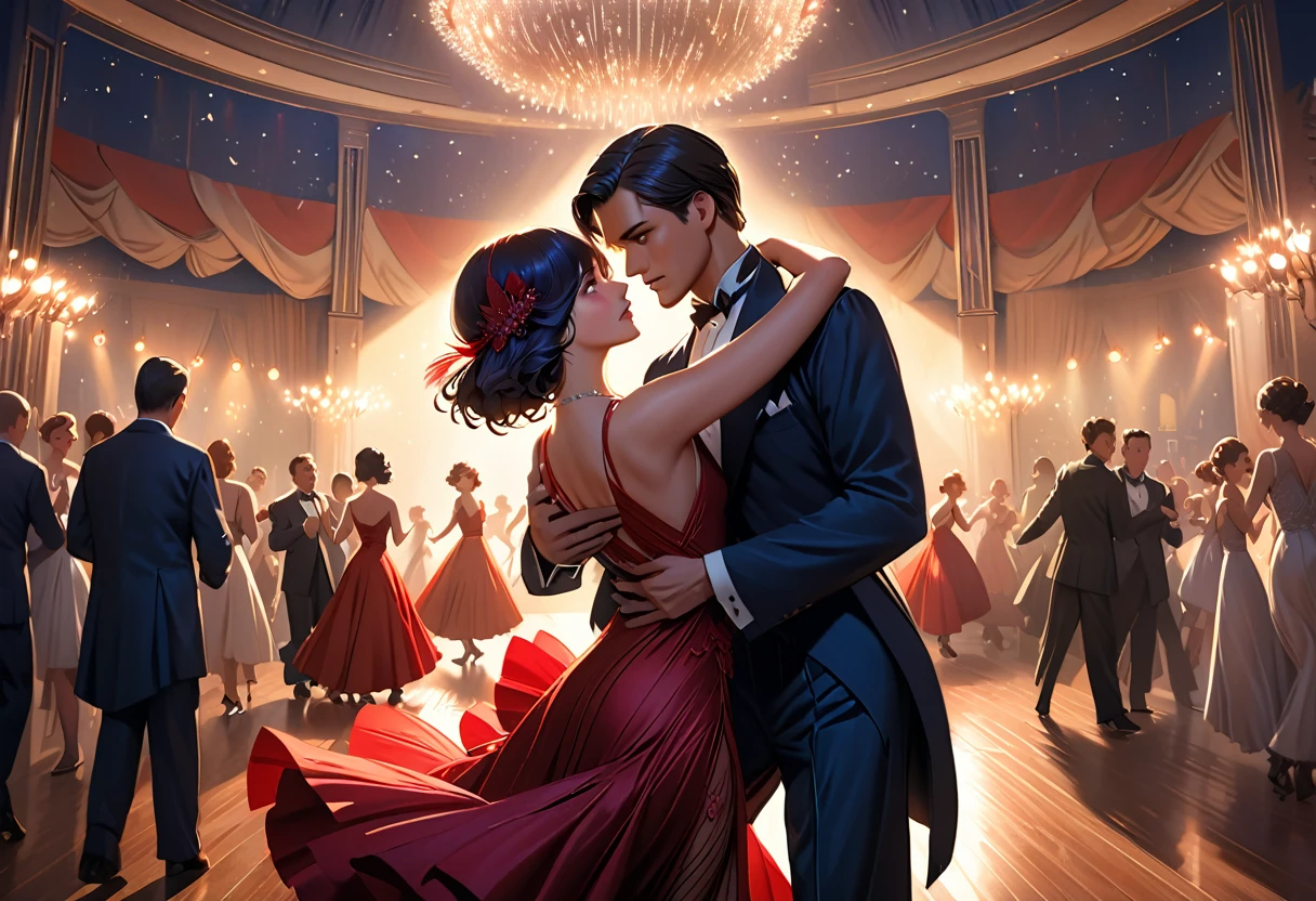 (best quality,8k,masterpiece:1.2),ultra-detailed,(realistic,photorealistic,photo-realistic:1.37),digital art, concept art, cinematic lighting, a man and woman dancing tango, art deco ballroom, 1920s, man facing forward, woman facing away from viewer, dancing the tango, woman is wearing a purple long dress with slit, small stars are shining in the dark blue sky, dimly lit room, and shadows are cast on the eye sockets, making it impossible to read their expressions, detailed facial features, beautiful dress, formal attire, natural lighting, warm color palette,