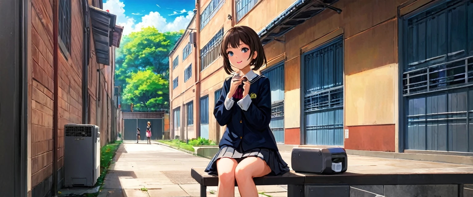 Photo Real, Young girl, High detail, high quality, masterpiece, (Small breasts)), at school, Ultra-short , One Girl, anime、Hold a condom in your mouth、A defiant smile、Lifting her skirt, a dark alley、Sit on the air conditioner&#39;s outdoor unit