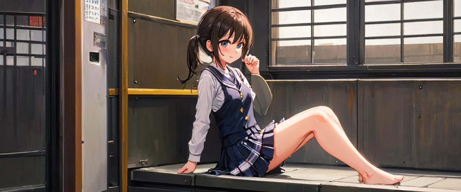 Photo Real, Young girl, High detail, high quality, masterpiece, (Small breasts)), at school, Ultra-short , One Girl, anime、Hold a condom in your mouth、A defiant smile、Lifting her skirt, a dark alley、Sit on the air conditioner&#39;s outdoor unit