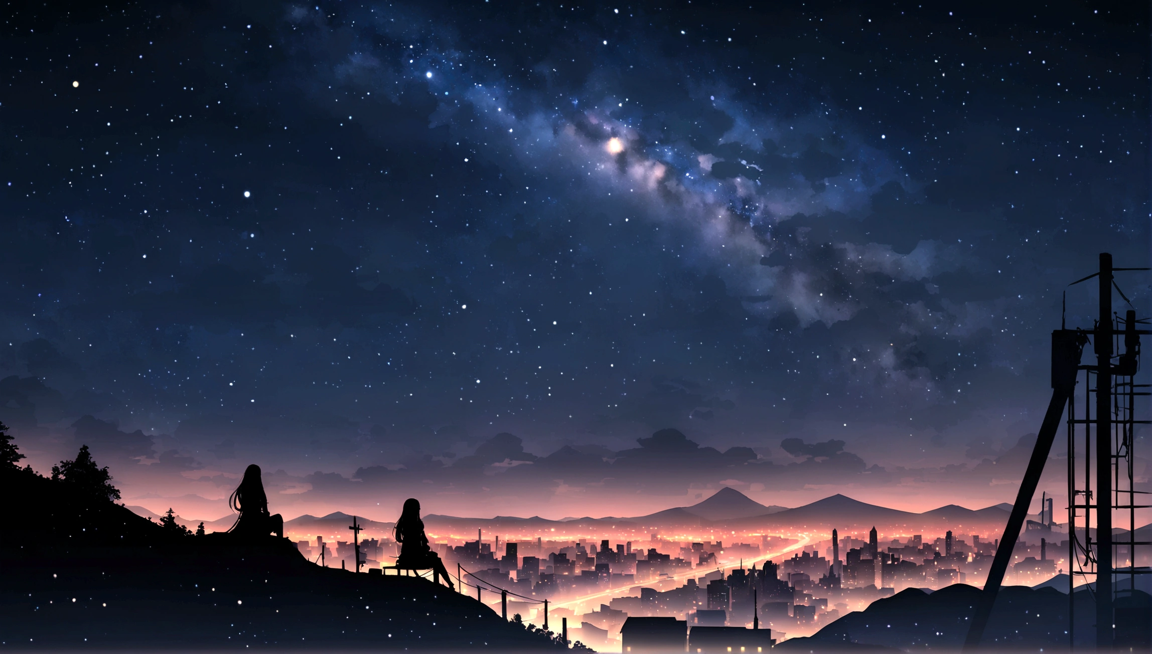 Octane, null, star (null), landscape, starry null, night, only , night null, alone, Outdoor, sign, building, cloud, milky way, Sitting, wood, Long Hair, city, silhouette, cityscape