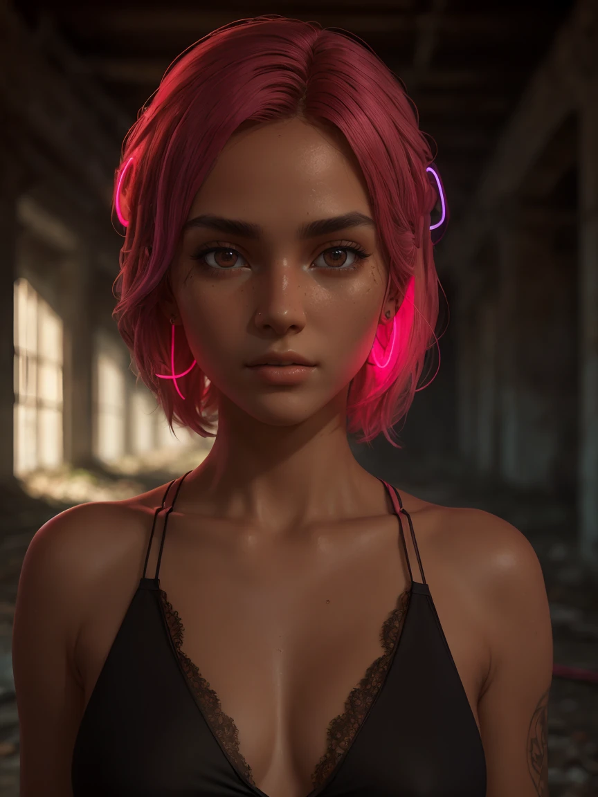 Masterpiece artwork, best qualityer, Digital Influencer Thais Carla , low water, 8K, high-detailed face, a perfect face, the perfect body, posando, (details Intricate:0.9), (HDR, Hyper-detail:1.2), (natural skin textures, hyperrealisti, smooth light, Spitz), (Intricate Detail 1.5), in an abandoned warehouse, ((Lots of neon consecration)).