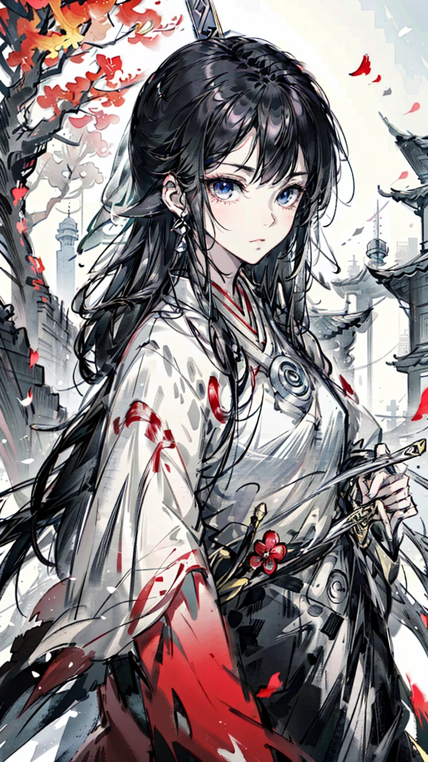 A painting of a woman wearing a veil and a sword, Beautiful character painting, Guviz, Guviz-style artwork, Guweiz in Pixiv ArtStation, Guweiz on ArtStation Pixiv, a beautiful anime portrait, Beautiful anime woman, guweiz masterpiece, style of anime4 K, Palace ， A girl in Hanfu，Sword in hand