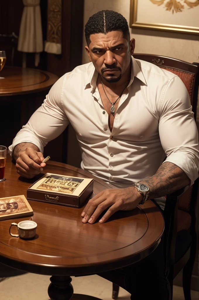 Create a photo with the main character of the film "Scar Face" sitting at a table smoking cigar, and on that table it is written "Baghdad"