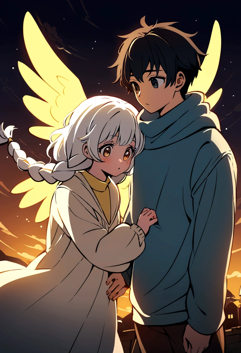 A couple in love, the girl with white hair, two braids, a white dress, black eyes and the boy with black hair, a hat for the cold, Brown eyes, yellow wings, Navy blue sweatshirt with white lines on the sleeves, cartoon style.