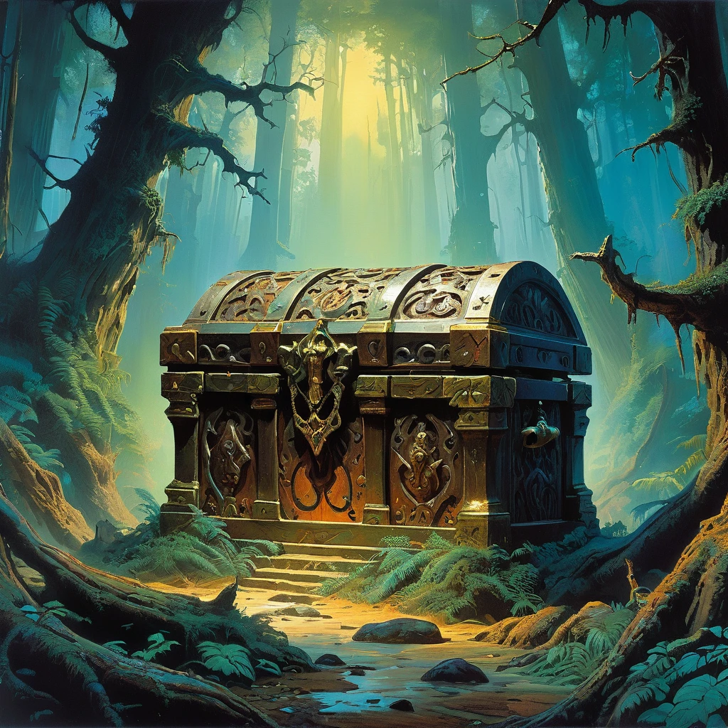 Create an image of a mystical treasure chest hidden deep in an enchanted forest, rendered in the style of Frank Frazetta. The chest should be ornate, with intricate carvings and glowing runes. Surround it with towering, ancient trees with twisted roots, and a soft, magical light filtering through the dense canopy. The scene should evoke a sense of adventure and mystery, with rich, vibrant colors and dynamic, dramatic contrasts typical of Frazetta's art.