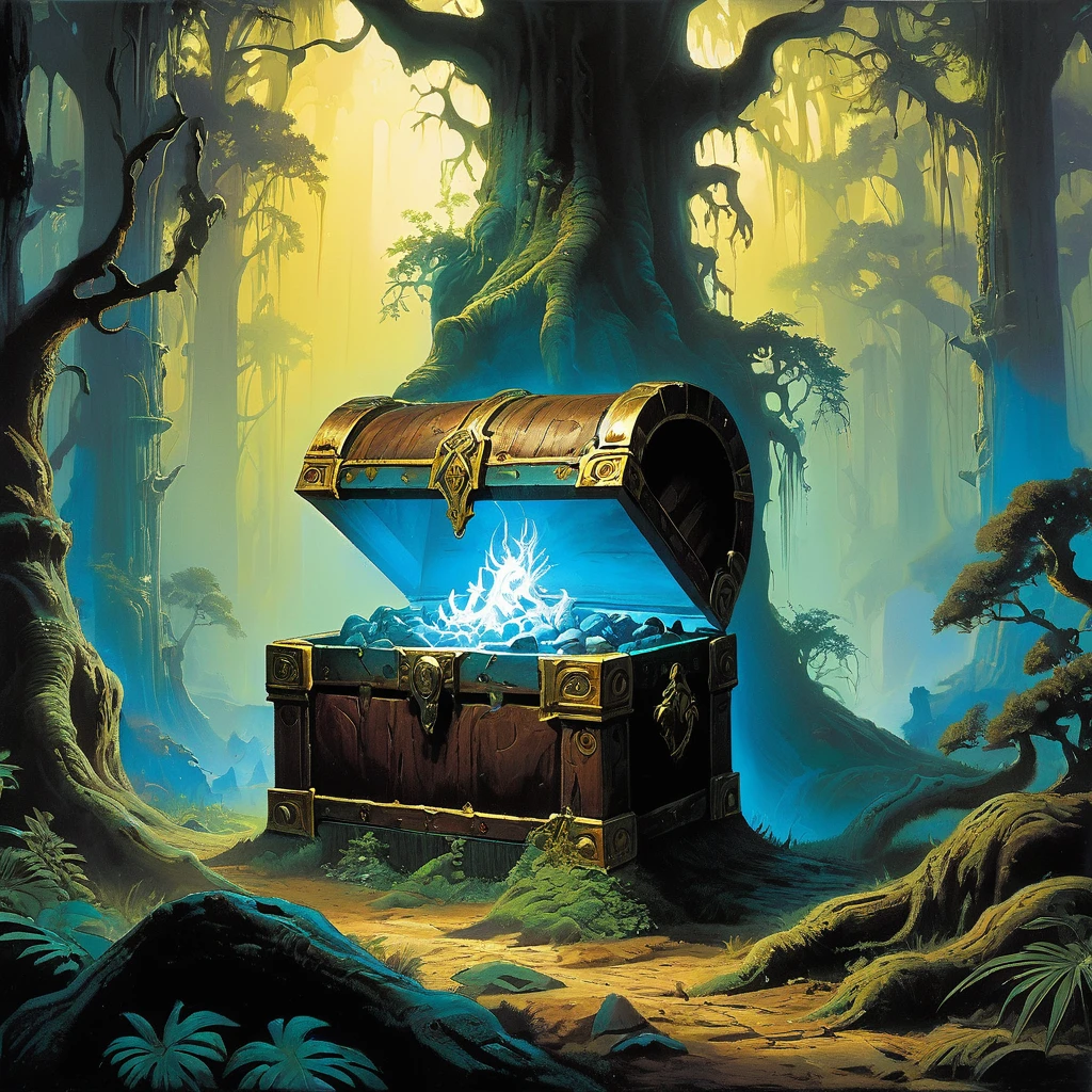 Create an image of a mystical treasure chest hidden deep in an enchanted forest, rendered in the style of Frank Frazetta. The chest should be ornate, with intricate carvings and glowing runes. Surround it with towering, ancient trees with twisted roots, and a soft, magical light filtering through the dense canopy. The scene should evoke a sense of adventure and mystery, with rich, vibrant colors and dynamic, dramatic contrasts typical of Frazetta's art.