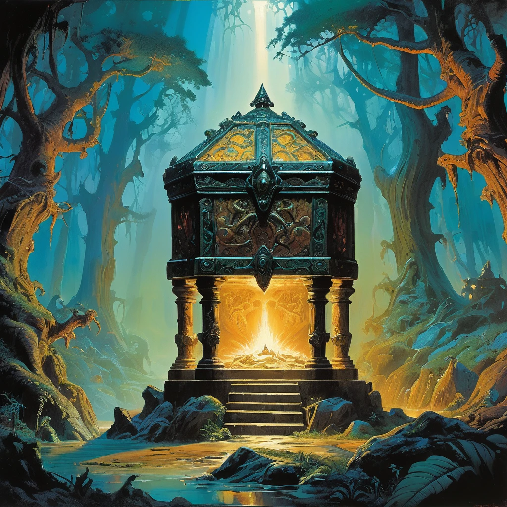 Create an image of a mystical treasure chest hidden deep in an enchanted forest, rendered in the style of Frank Frazetta. The chest should be ornate, with intricate carvings and glowing runes. Surround it with towering, ancient trees with twisted roots, and a soft, magical light filtering through the dense canopy. The scene should evoke a sense of adventure and mystery, with rich, vibrant colors and dynamic, dramatic contrasts typical of Frazetta's art.