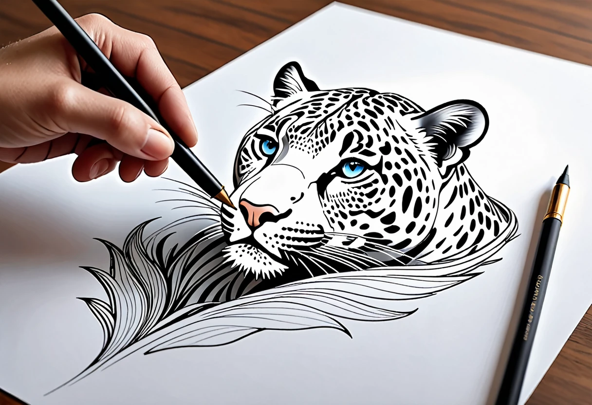 Sur une feuille de papier posé sur une table, Dessiner une figurine 4D de style encre uhd époustouflante et à couper le souffle d’Un maginifique guépard majestueux, regard intense, décors de savane, effet holographique qui semble sortir de la feuille de dessin, dessin extrêmement détaillé, hyperréaliste, Des détails sublimes. Un travail vraiment remarquable, travail joyeux et sensuel, (proportions parfaites, masterpiece, hyperRéaliste, masterpiece, superior quality, high resolution, Extremely detailed, highly detailed 8K wallpaper, détails fractales)