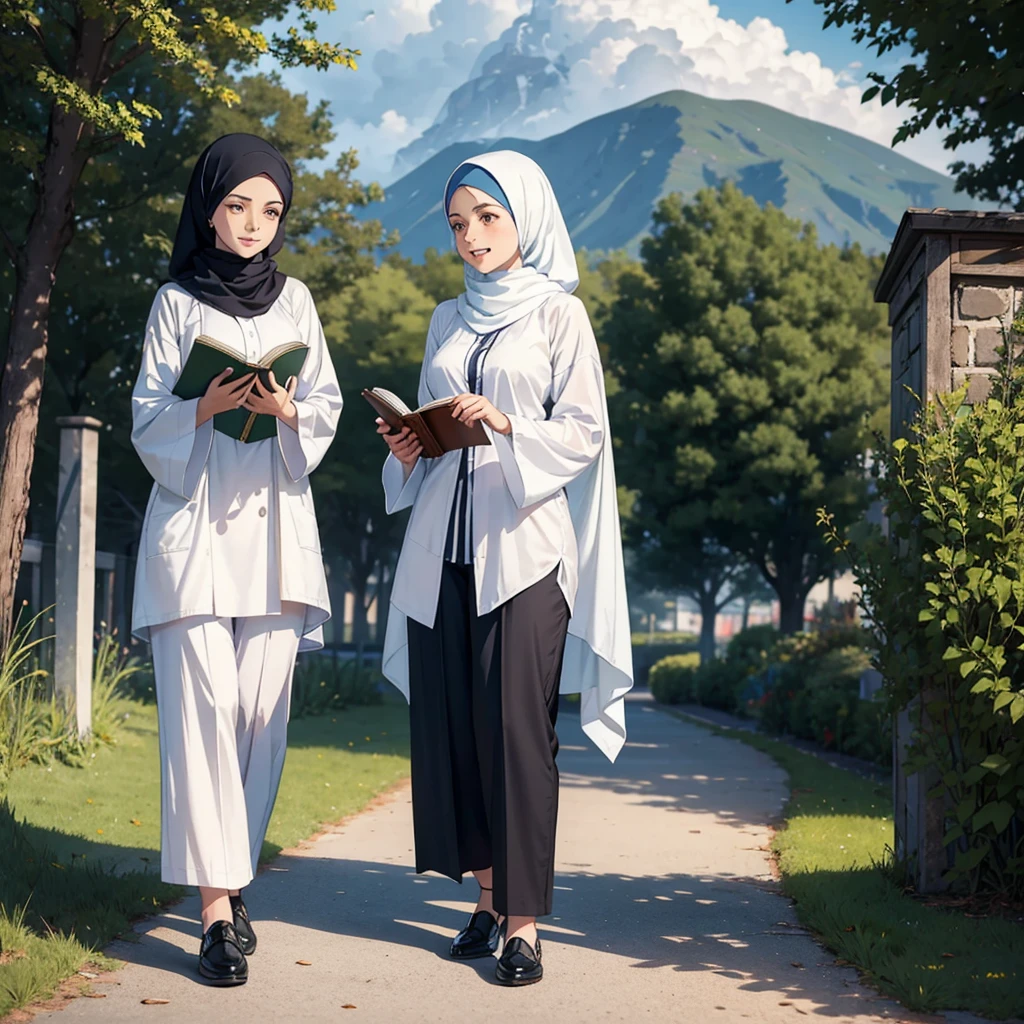 Two women wearing hijabs and white long-sleeved shirts, as well as trousers with different motifs. They are seen standing outdoors, perhaps in a park or field, with a bright, cloudy sky in the background. Each of them is holding a book, indicating that they are probably in the context of a learning or educational activity. The three women smiled cheerfully, reflecting a happy and enthusiastic mood.