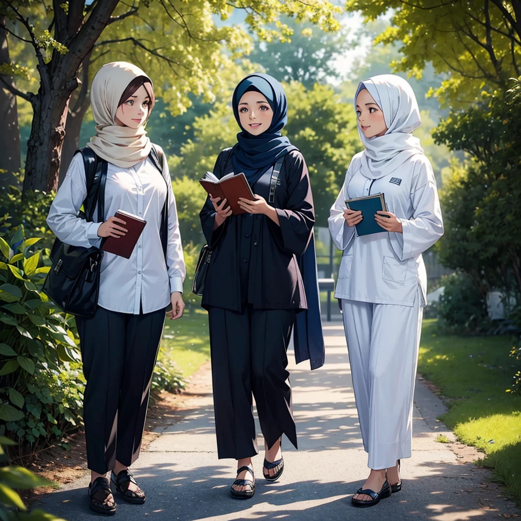 Two women wearing hijabs and white long-sleeved shirts, as well as trousers with different motifs. They are seen standing outdoors, perhaps in a park or field, with a bright, cloudy sky in the background. Each of them is holding a book, indicating that they are probably in the context of a learning or educational activity. The three women smiled cheerfully, reflecting a happy and enthusiastic mood.