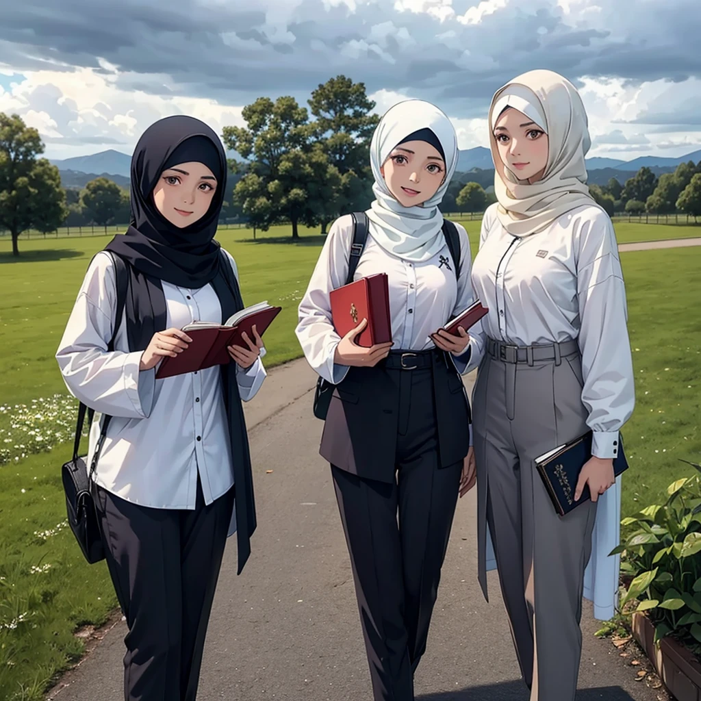 Two women wearing hijabs and white long-sleeved shirts, as well as trousers with different motifs. They are seen standing outdoors, perhaps in a park or field, with a bright, cloudy sky in the background. Each of them is holding a book, indicating that they are probably in the context of a learning or educational activity. The three women smiled cheerfully, reflecting a happy and enthusiastic mood.