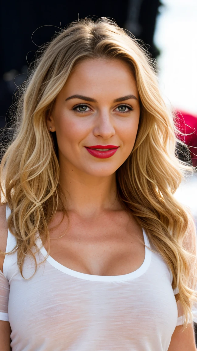 masterpiece, full body shot, best quality, ultra high res, realistic, extremely detailed, Exquisite facial features with classical features, looking directly at the audience, detailed skin texture, sun tan, beautiful face. Happy, sexy, stunner, loose wavy hair, blonde hair, pouty red lips, mouth slightly open as if sighing, Wearing a translucent wet t-shirt, phenomenal body