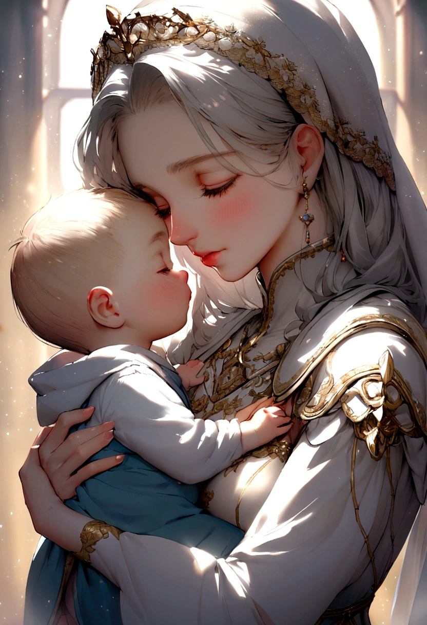 A strong slende sexy knight on light armor and magic particles around her holding her 3 cute baby boy cuddling her son nose to nose very cutely