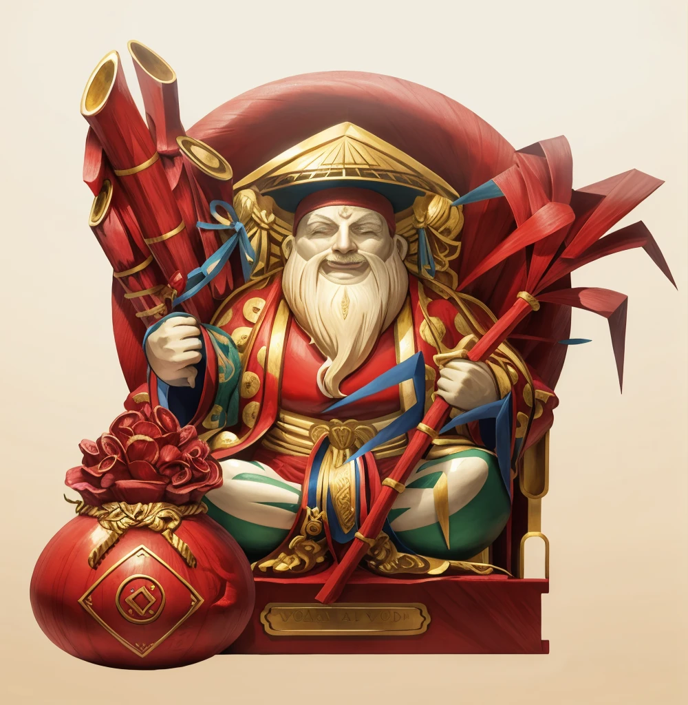 sugarcane god statue, Marble material, vivid details , true , The color scheme keeps according to the input image, colored gold bag, red inner shirt, blue overcoat, Natural green sugar cane, bó mía thể hiện hình ảnh true