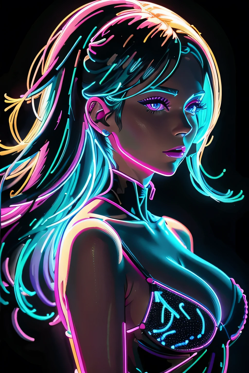 neon_outlines, close up, classy woman in a long evening dress, upscale gala event  ,neon_outlines blue hair,