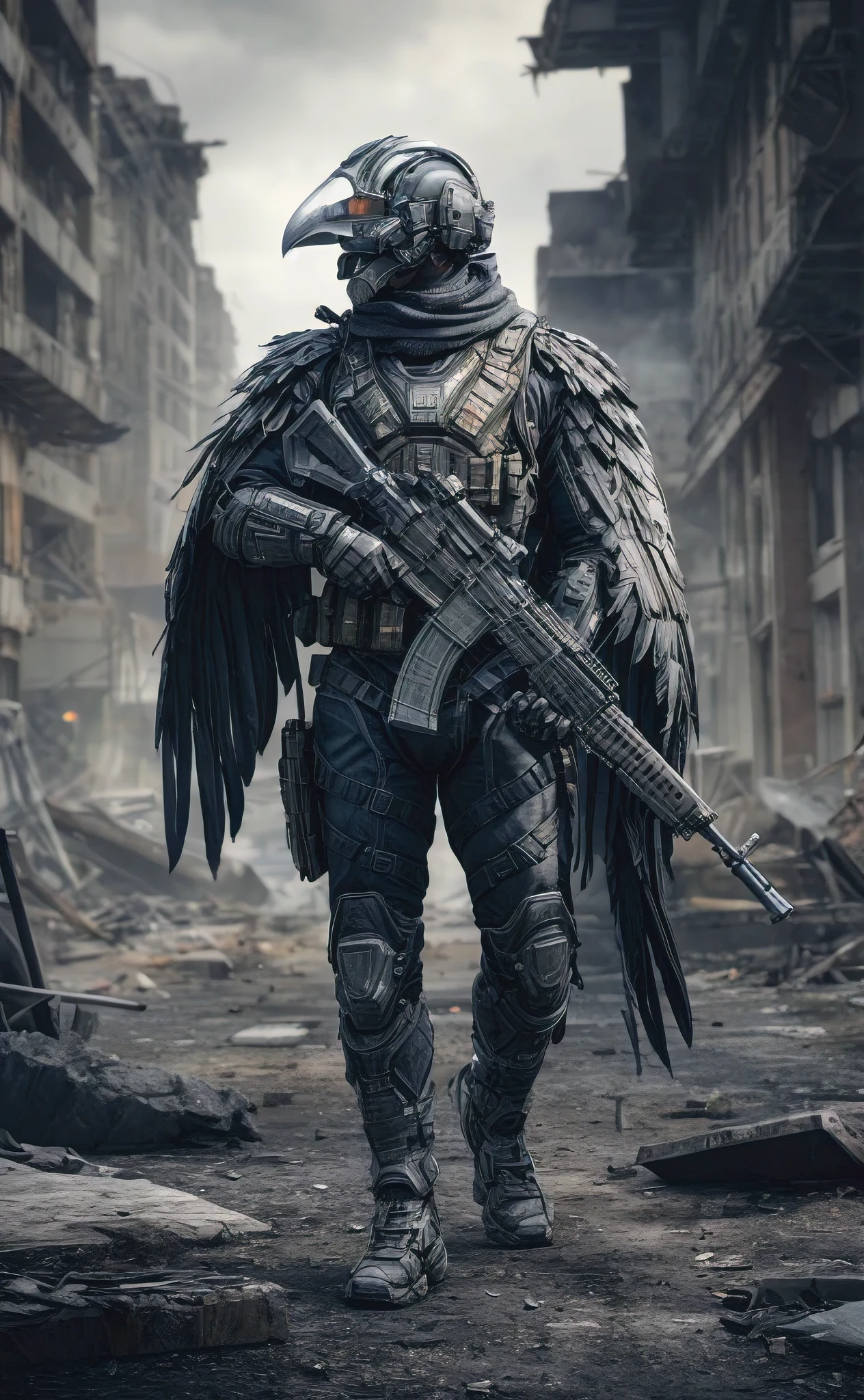 A stunning, ultra-detailed 3D render of a futuristic soldier dressed in a mechanical tactical costume resembling a raven. The suit is intricately designed, featuring metallic feathers and advanced weaponry. The soldier stands tall in a post-apocalyptic, ruined city with crumbling buildings and debris scattered around. The atmosphere is both grim and eerily beautiful, reflecting a blend of the modern warfare aesthetic from the 'Modern Warfare 3' game and a touch of surrealism. The photo-realistic techniques used in this rendering create an immersive and hyper-detailed experience., 3d render