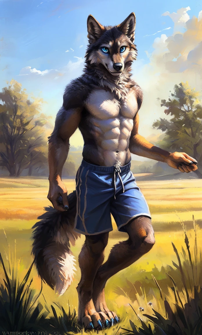 ((Solo)), male people, anthro wolf, (Multi-colored fur, White-brown:1.3,White tail pointed), (Height 2.1m,Tail length 1.2m), ((Wolf face, Big eyes, White eyelids, Blue pupil, Slim:1.2) (Tough, Calm expression:1.2)), Abs, Slim, pinging)), (Correct anatomy), (Work shorts:1.1), The upper body naked, (detailed outfits),A long big tail,Feet,(Realistic fur, Detailed fur texture, labeled:1.3)), (Natural lighting), Photorealistic, Hyperrealistic, ultradetailed, by Kenket,Field,erect through,Running on
