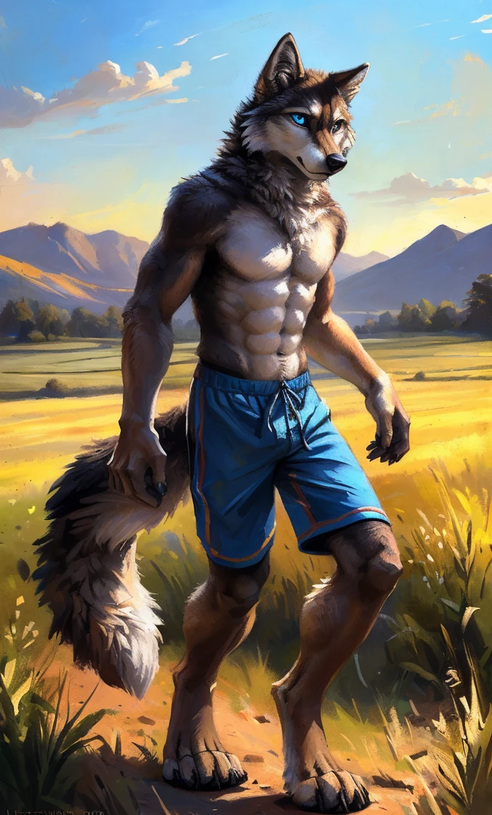 ((Solo)), male people, anthro wolf, (Multi-colored fur, White-brown:1.3,White tail pointed), (Height 2.1m,Tail length 1.2m), ((Wolf face, Big eyes, White eyelids, Blue pupil, Slim:1.2) (Tough, Calm expression:1.2)), Abs, Slim, pinging)), (Correct anatomy), (Work shorts:1.1), The upper body naked, (detailed outfits),A long big tail,Feet,(Realistic fur, Detailed fur texture, labeled:1.3)), (Natural lighting), Photorealistic, Hyperrealistic, ultradetailed, by Kenket,Field,erect through,Running on