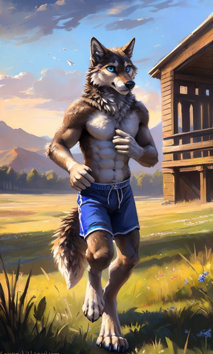 ((Solo)), male people, anthro wolf, (Multi-colored fur, White-brown:1.3，White tail pointed), (Height 2.1m,Tail length 1.2m), ((Wolf face, Big eyes, White eyelids, Blue pupil, Slim:1.2) (Tough, Calm expression:1.2)), Abs, Slim, pinging)), (Correct anatomy), (Work shorts:1.1), The upper body  naked, (detailed outfits),A long big tail，Feet，(Realistic fur, Detailed fur texture, labeled:1.3)), (Natural lighting), Photorealistic, Hyperrealistic, ultradetailed, by Kenket，Field，erect through，Running on