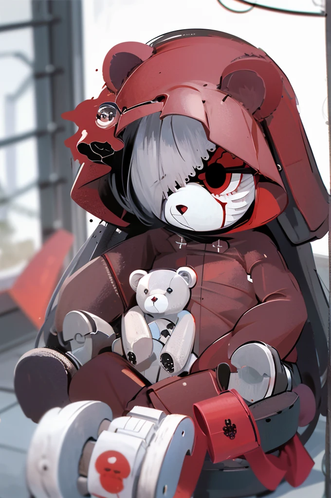 teddy bear、teddy bear、cadaver、Covered in blood、Blood splatter、Dark shades、Red tint、grim Reaper、In a completely different expression